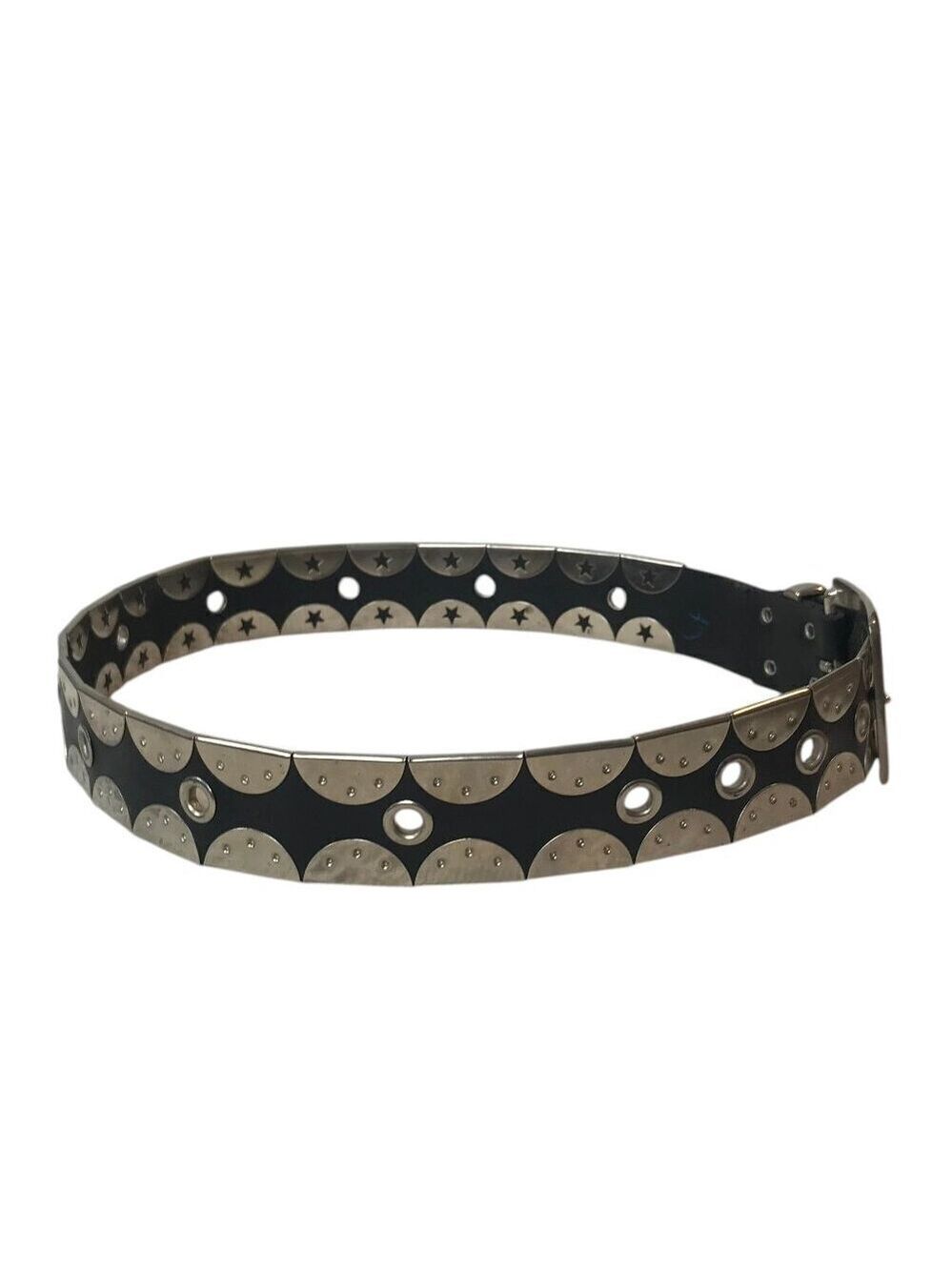 Black Leather Belt With Silver Coloured Flat Studs Statement Piece Size S - Picture 2 of 5
